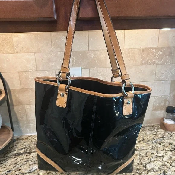 COACH Black Patent Leather Tote with Tan Leather Trim - Picture 2 of 9